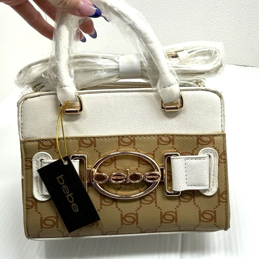 NWT Bebe Y2K Leilani Almond White Monogram Mini Satchel Crossbody Bag